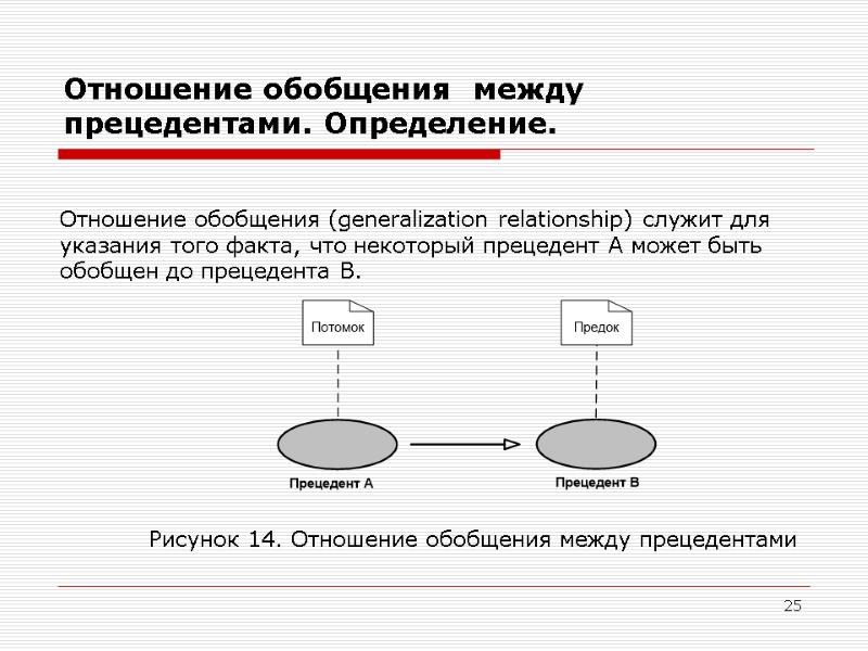 25 Отношение обобщения  между прецедентами. Определение. Отношение обобщения (generalization relationship) служит для указания